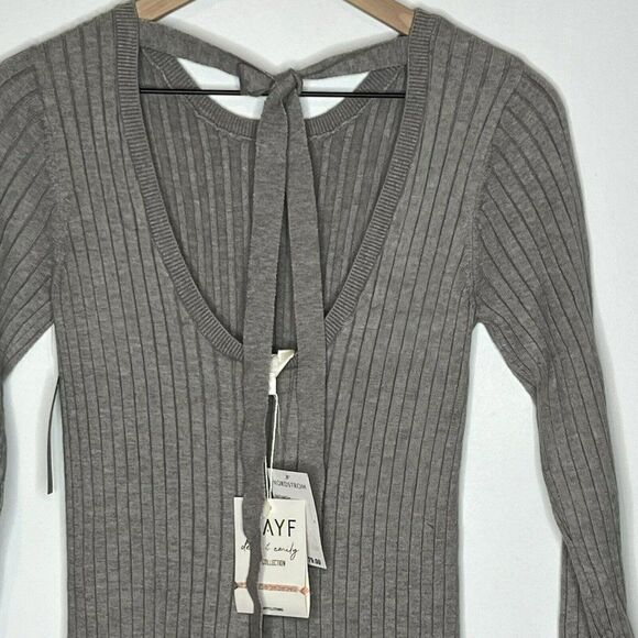Wayf Dede Emily Ribbed Bodycon Sweater Dress S Small Gray Open Back Bow Tie NWT - Picture 7 of 7